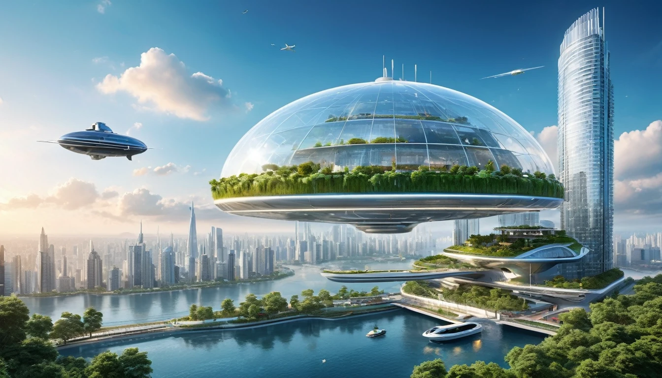 (Best quality,4K,8K,A high resolution,Masterpiece:1.2),Ultra-detailed,(Realistic,Photorealistic,photo-realistic:1.37),Futuristic floating city,Futuristic technology,Huge urban high-tech tablet platform,Airship,Floating in the sky,Futuristic city,Small airships around,High-tech hemispherical platform,Colorful lights,Advanced architecture,modernn architecture,skyscrapper,Access the cloud,Scenic beauty,view over city,Impressive design,Blend seamlessly with nature,energetic and vibrant atmosphere,Futuristic transportation system,Parking is suspended,Transparent path,Lush greenery,Sky gardens,cascading waterfalls,Magnificent skyline,reflections on the water,Sparkling river,Architectural innovation,futuristic skyscrapers,Transparent dome,The shape of the building is unusual,Elevated walkway,Impressive skyline,Glowing lights,Futuristic technology,Minimalist design,Scenic spots,Panoramic view,Cloud Piercing Tower,Vibrant colors,epic sunrise,epic sunset,Dazzling light display,magical ambiance,The future city,Urban Utopia,LuxuryLifestyle,Innovative energy,sustainable development,Smart city technology,Advanced infrastructure,Tranquil atmosphere,Nature and technology live in harmony,Awesome cityscape,Unprecedented urban planning,Architecture connects seamlessly with nature,High-tech metropolis,A cutting-edge engineering marvel,The future of urban living,Visionary architectural concept,Energy-efficient buildings,Harmony with the environment,A city floating above the clouds,Utopian dreams become reality,The possibilities are endless,State-of-the-art transportation network,Green energy integration,Innovative materials,Impressive holographic display,Advanced communication system,Breathtaking aerial view,Quiet and peaceful environment,Modernist aesthetics,Ethereal beauty