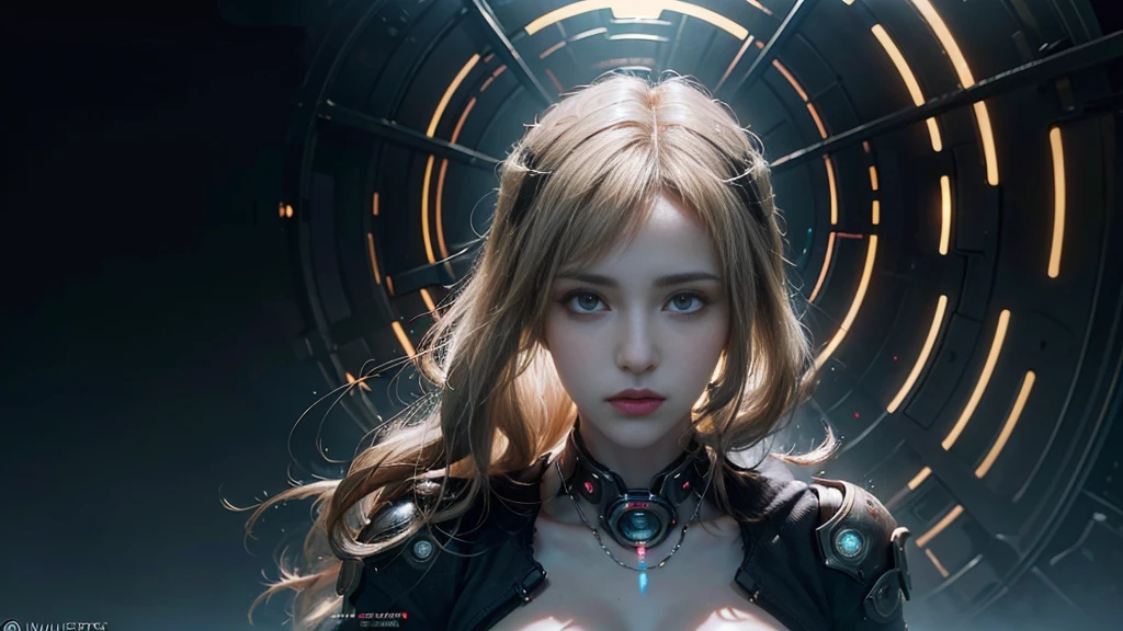 masterpiece,best quality,high resolution,8K,(Portraits:1.5),(R Original Photo),The real situation,Digital Photography,(A fusion of cyberpunk and fantasy),(Female Officer),White women,Feel free to hairstyle,blonde,blue eyes,By Bangs,(Large Breasts, Accessories,shut your mouth,Elegant and charming,Serious and arrogant,Calm and handsome,(Combination of cyberpunk and fantasy style clothing,hollow-carved design,Large Breasts,Photo poses,Realistic style,Gray World Background,oc render reflection texture,futuristic city,Medium distance photography