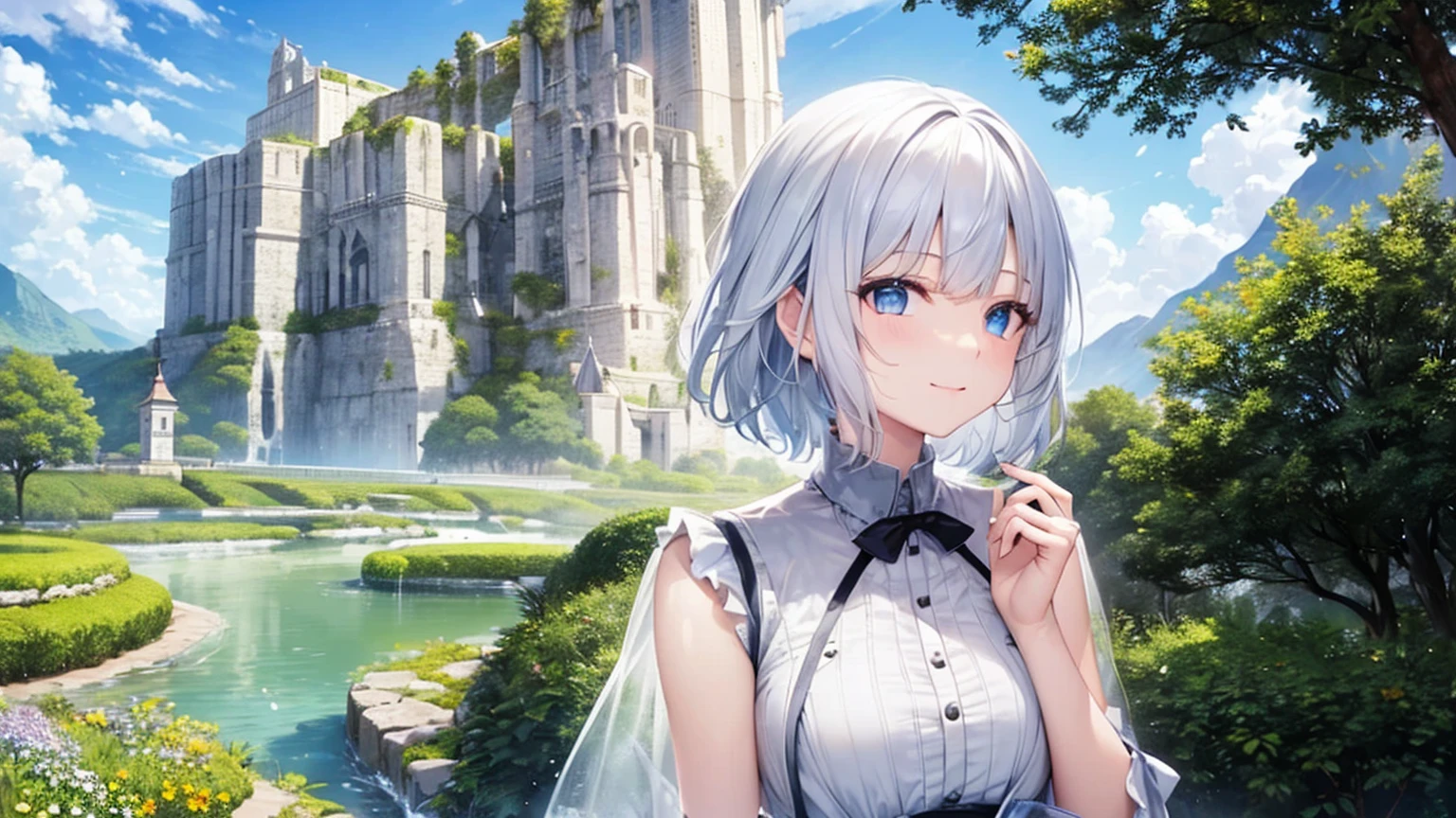 Ultra HD,Look at the viewers, Put your hands behind your back, With a girl, 20-year-old, 非常にShort Hair, Long bangs between the eyes, Pale blue eyes, Very detailed,(masterpiece、Highest quality),Gray Hair、Laughter、Fantastic, Silver Hair, Iris, Short hair、 Fluttering Hair、Small Face、明るいsmile、(Detailed face) ,Professional Lighting,Wonderful landscape,blue sky, sunlight,Looking down from above,Portraiture、Open your mouth、Flower Field、Her eyes were shining、Mysterious and enchanting atmosphere。With AI Painting、とてもShort Hair, Long bangs between the eyes, Very detailed,(masterpiece、Highest quality)、alone、Gray Hair、Fantasy, Silver Hair, Fantasyな風景、White shirt、smile、Open your mouth、short hair、Short Hair、hairpin、black eye、Grey Eyes、Beautiful Eyes、