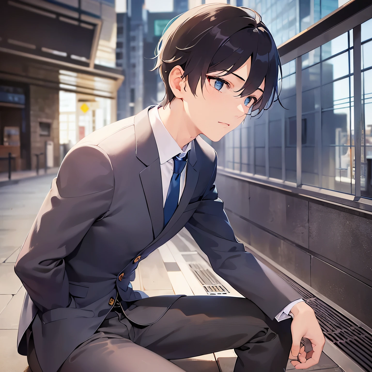 upper body、shiny skin, side angle, (looking away:1.5)、masterpiece、Highest quality、(25-year-old male:1.5) and (Brown short hair) and (Green Eyes), (Wearing a suit:1.3) and (Blue tie)、Crouching、(sad:1.3)、open mouth, The background is a train station platform.、(Alone:1.5)、Upper body is shown、