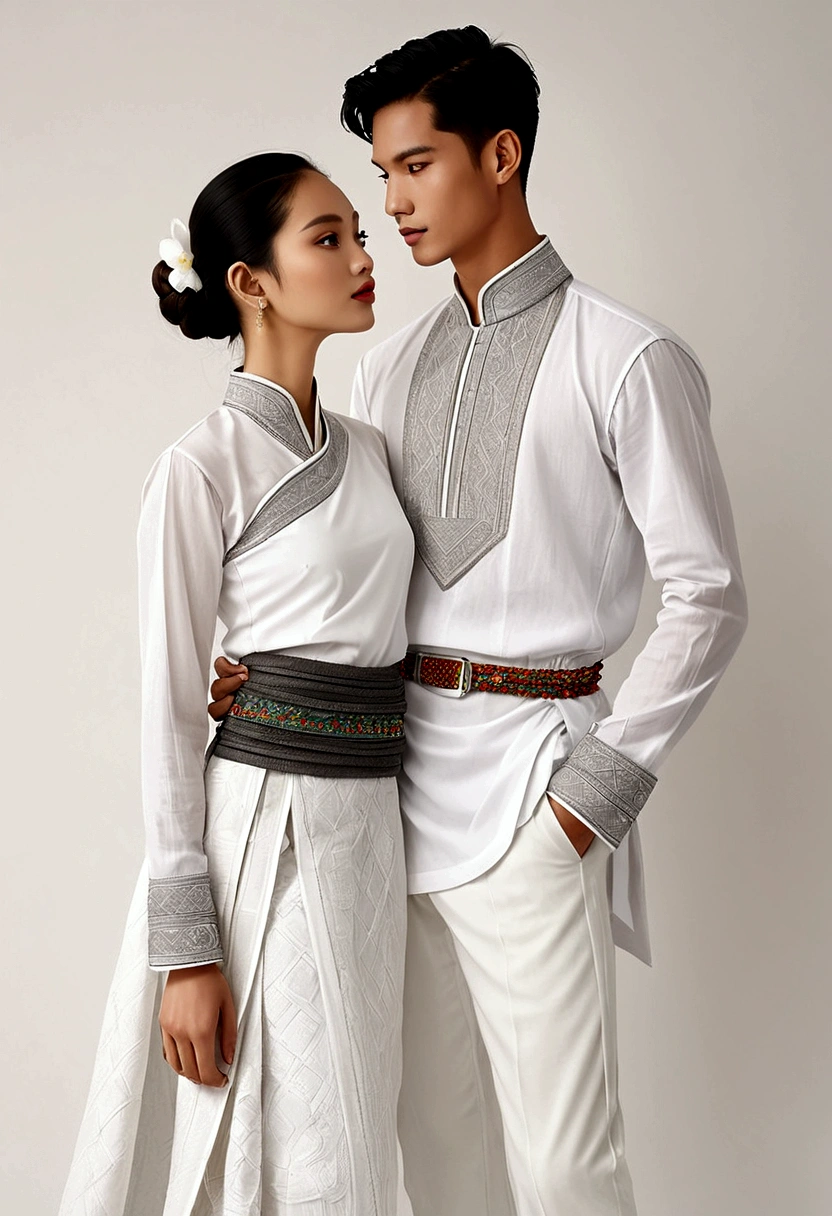 candid fashion illustration of two young man and women, 20 year odle, adorned in a meticulously crafted North Thai traditional outfit, ((showcase fashion in a Northern Thai Lanna outfits cotton handwoven in white)), in simple elegant and luxury style, The man wears a simple long-sleeved white shirt with minimal details, paired with white Tailor pants, and shoes, The woman complements him with white tubular skirt or Sarong simple patterns, The sarong with three parts in one, ankle-length and is wrapped around the waist detail, and A fitted intricately decorated blouse that complements the skirt. Captured in a low angle, ((full-body image)), stands gracefully against the white backdrop of Lanna style decoration. Their attire simple with intricate embroidery and white accents, each element carefully chosen to reflect the rich Lanna cultural heritage, ((white studio background)), realistic color pencil lines, perfect drawing, charcoal lines, fading sketch, quick Sketch, soft light, fashion illustration, fashion sketching