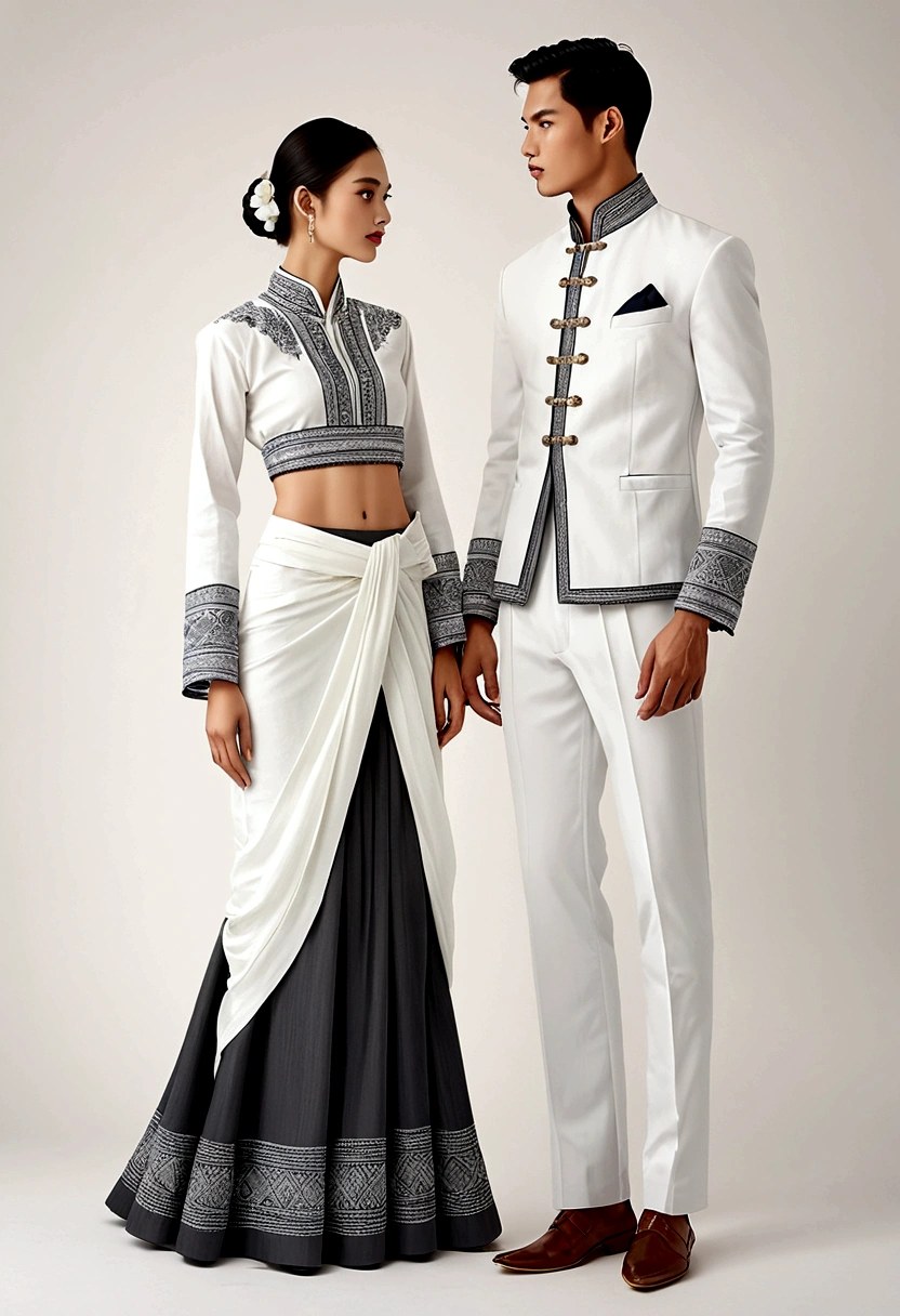 candid fashion illustration of two young man and women, 20 year odle, adorned in a meticulously crafted North Thai traditional outfit, ((showcase fashion in a Northern Thai Lanna outfits cotton handwoven in white)), in simple elegant and luxury style, The man wears a simple long-sleeved white shirt with minimal details, paired with white Tailor pants, and shoes, The woman complements him with white tubular skirt or Sarong simple patterns, The sarong with three parts in one, ankle-length and is wrapped around the waist detail, and A fitted intricately decorated blouse that complements the skirt. Captured in a low angle, ((full-body image)), stands gracefully against the white backdrop of Lanna style decoration. Their attire simple with intricate embroidery and white accents, each element carefully chosen to reflect the rich Lanna cultural heritage, ((white studio background)), realistic color pencil lines, perfect drawing, charcoal lines, fading sketch, quick Sketch, soft light, fashion illustration, fashion sketching