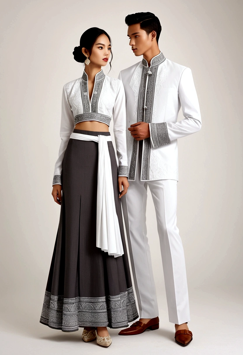 candid fashion illustration of two young man and women, 20 year odle, adorned in a meticulously crafted North Thai traditional outfit, ((showcase fashion in a Northern Thai Lanna outfits cotton handwoven in white)), in simple elegant and luxury style, The man wears a simple long-sleeved white shirt with minimal details, paired with white Tailor pants, and shoes, The woman complements him with white tubular skirt or Sarong simple patterns, The sarong with three parts in one, ankle-length and is wrapped around the waist detail, and A fitted intricately decorated blouse that complements the skirt. Captured in a low angle, ((full-body image)), stands gracefully against the white backdrop of Lanna style decoration. Their attire simple with intricate embroidery and white accents, each element carefully chosen to reflect the rich Lanna cultural heritage, ((white studio background)), realistic color pencil lines, perfect drawing, charcoal lines, fading sketch, quick Sketch, soft light, fashion illustration, fashion sketching