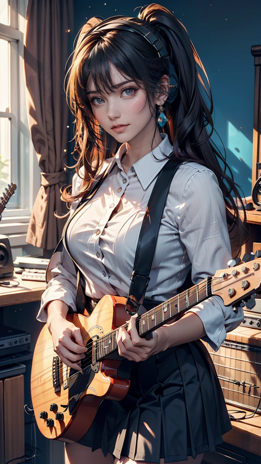 ((masterpiece, Highest quality))One girl, alone, Black Dress, blue eyes, electric guitar, guitar, Headphones, Double Ponytail, Holding, Holding plectrum, musical instrument, Long Hair, music, One side up, Turquoise Hair, Twin tails, guitarを弾く, Pleated skirt, Black Shirt, interior