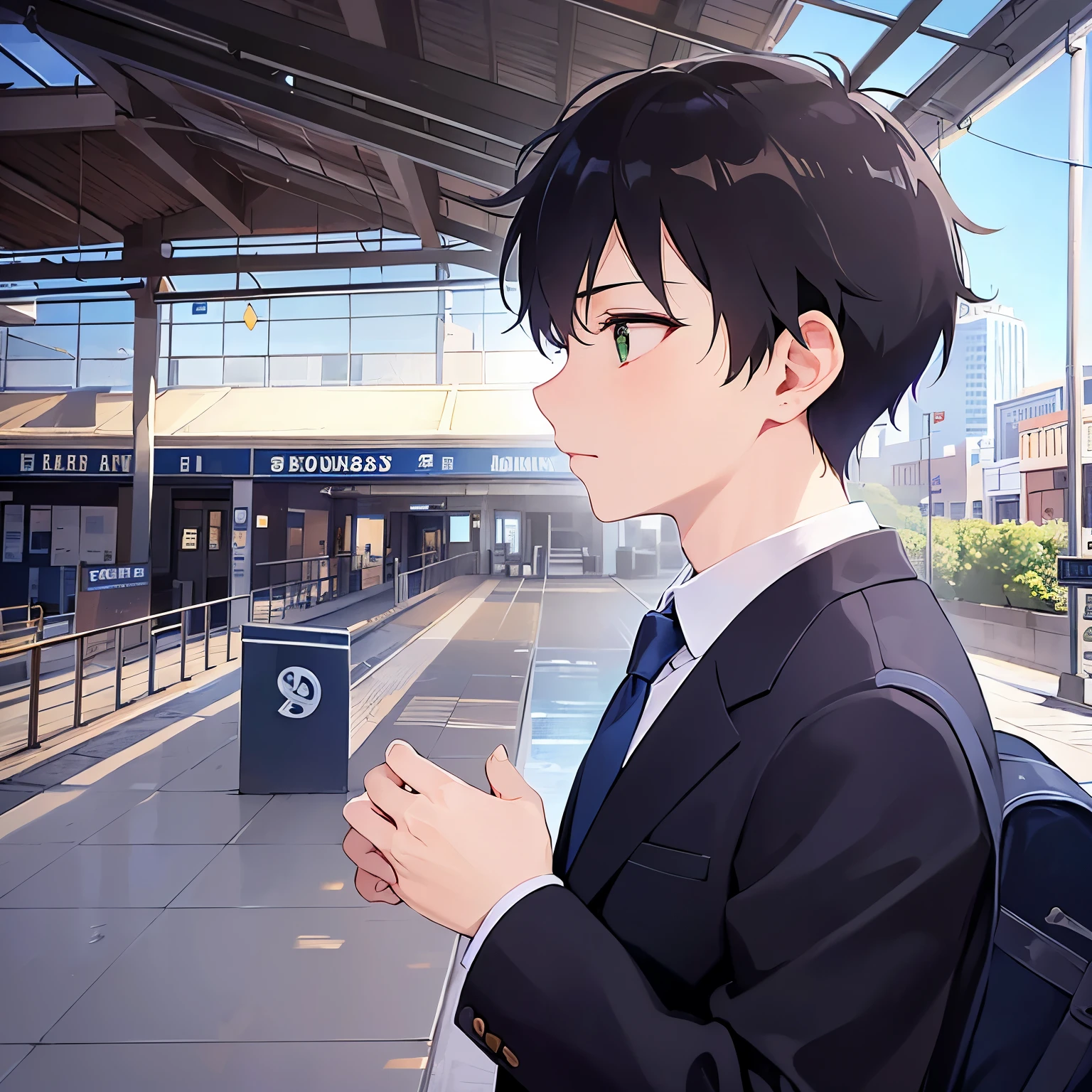 upper body、shiny skin, side angle, (looking away:1.5)、masterpiece、Highest quality、(25-year-old male:1.5) and (Brown short hair) and (Green Eyes), (Wearing a suit:1.3) and (Blue tie)、Crouching、(sad:1.3)、open mouth, The background is a train station platform.、(Alone:1.5)、Upper body is shown、