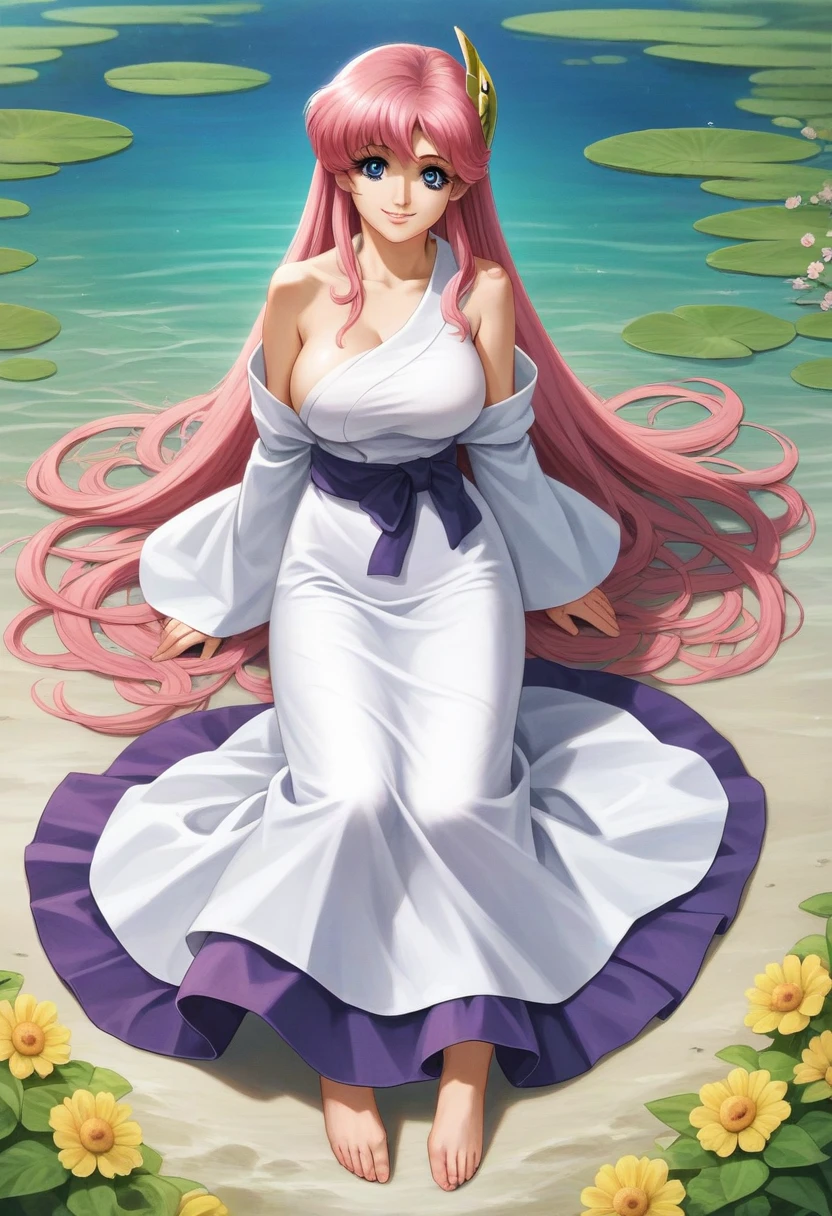 ((64k，Ultra-high resolution，Super best quality，masterpiece，Hyperrealistic，Young and adorable, beautiful, young, adorable，young woman，Full body photo，Full body angle，Whole Body Ezbian，))，GundamSEED，Lacus Clyne，Pink Hairの毛，Blue Eyes，Detailed eyes,Detailed skin,Detailed face,Shiny skin,Detailed Hair,White skin,Perfect lighting,Glossy Lips,京都animeーション, animeカラーリング  ,Klein Lake,GundamSEED , Pink Hair, Straight hair,blue eyes , (((hair ornaments, White sleeves,豪華なWhite Dress, 豪華なPurple Skirt, 贅沢なLong skirt))),Very long hair, Bare shoulders, Star background，1980s \(style\),anime, Lacus 1, One girl, alone, hair ornaments, White sleeves, blue eyes, White Dress, Purple Skirt, Long skirt, Very long hair, Bare shoulders, Large Breasts, smile, Gundam, On the floor,retro artstyle,Water Lake，Swimsuit，Yukata，smile，Many beautiful flowers are blooming，In a dress