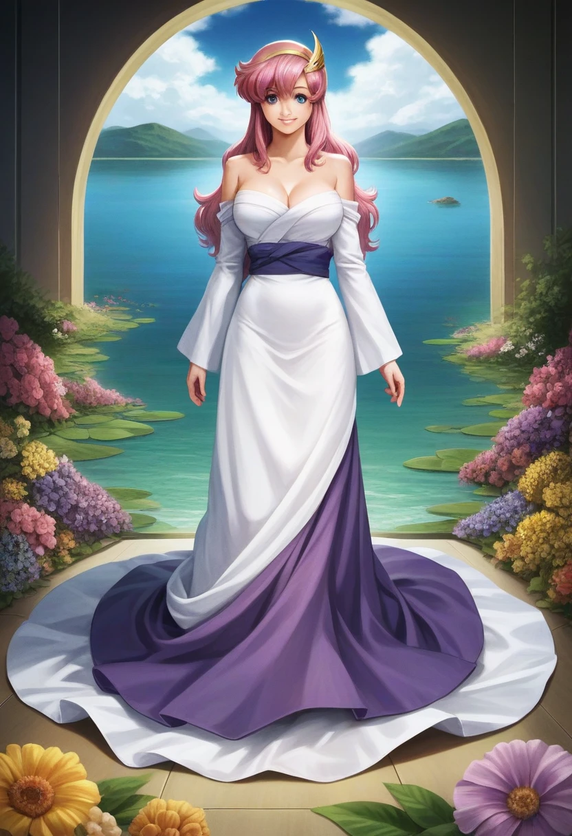 ((64k,Ultra-high resolution,Super best quality,masterpiece,Hyperrealistic,Young and adorable, beautiful, young, adorable,young woman,Full body photo,Full body angle,Whole Body Ezbian,)),GundamSEED,Lacus Clyne,Pink Hairの毛,Blue Eyes,Detailed eyes,Detailed skin,Detailed face,Shiny skin,Detailed Hair,White skin,Perfect lighting,Glossy Lips,京都animeーション, animeカラーリング ,Klein Lake,GundamSEED , Pink Hair, Straight hair,blue eyes , (((hair ornaments, White sleeves,豪華なWhite Dress, 豪華なPurple Skirt, 贅沢なLong skirt))),Very long hair, Bare shoulders, Star background,1980s \(style\),anime, Lacus 1, One girl, alone, hair ornaments, White sleeves, blue eyes, White Dress, Purple Skirt, Long skirt, Very long hair, Bare shoulders, Large Breasts, smile, Gundam, On the floor,retro artstyle,Water Lake,Swimsuit,Yukata,smile,Many beautiful flowers are blooming,In a dress