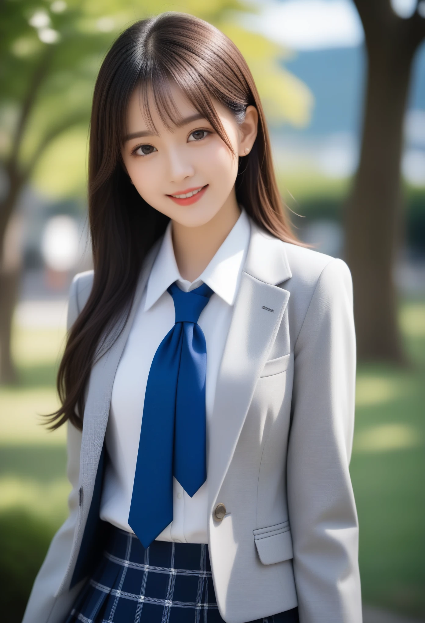 8K, Ultra-high resolution, Highest quality, masterpiece, 三分割法によるphotograph,Surreal, photograph, 1 Girl, (:1.3), pretty girl, Cute face, Beautiful eyes in every detail, 細かくdetailedに,masterpiece,, One Girl:1.2, Japan Female Announcer、Cowboy Shot,((very small head:1.3)),Center-parted bangs,amount,Black Hair,Long Hair,Iris,Gorgeous eyes,smile,((Toned body,Slender body,skinny)),(school uniform、Dark blue blazer jacket、Navy blue tie、Grey plaid pleated mini skirt),Glowing Skin,Shiny skin,Urban area,street tree,Full of sex appeal,Sensual,屈託のないsmile,Heal the heart,Looking at the audience、beauty,Long neck、Laugh a little、Please close your mouth and laugh、(((Ideal body type))),A cup small breasts :2,、Portraiture:2、Perfect Anatomy、鮮明なdetailed、detailed、Surreal、Light and shadow,Strong light