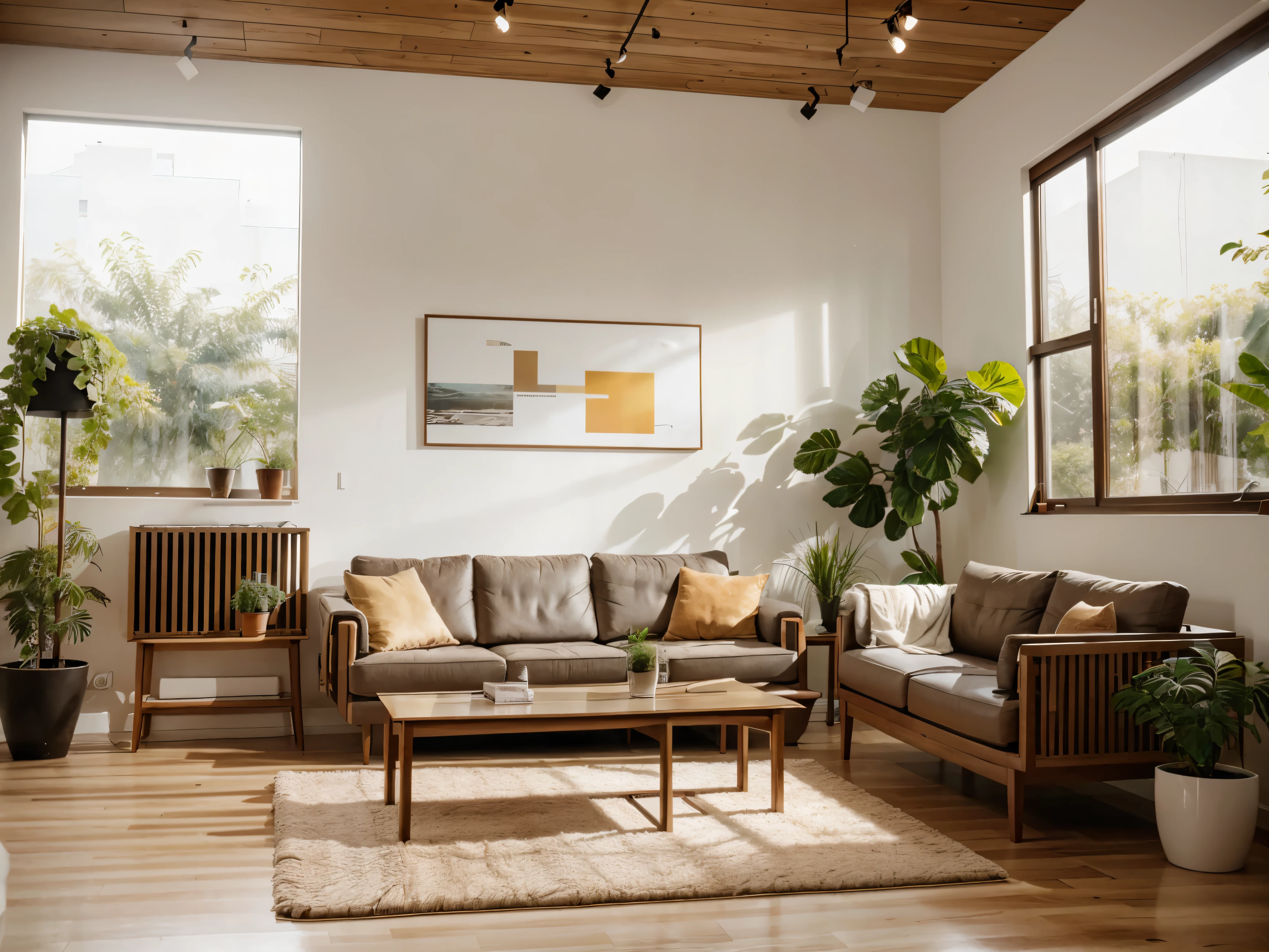 a modern living room with large windows, minimalist furniture, warm lighting, natural materials, abstract wall art, potted plants, and a cozy atmosphere.