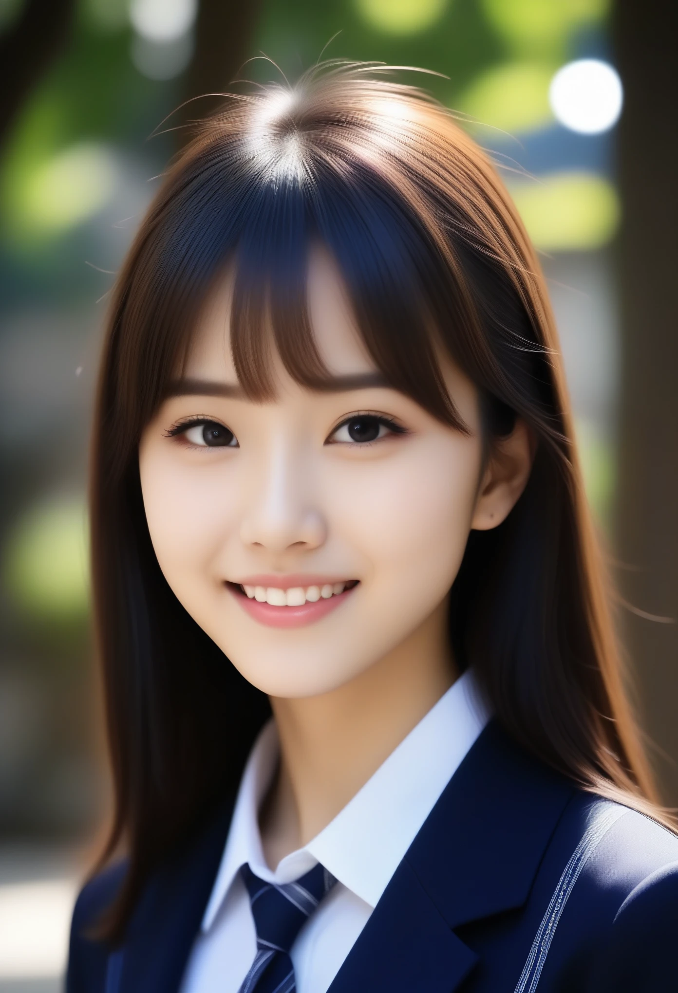 8K, Ultra-high resolution, Highest quality, masterpiece, 三分割法によるphotograph,Surreal, photograph, 1 Girl, (:1.3), pretty girl, Cute face, Beautiful eyes in every detail, 細かくdetailedに,masterpiece,, One Girl:1.2, Japan Female Announcer、Cowboy Shot,((very small head:1.3)),Center-parted bangs,amount,Black Hair,Long Hair,Iris,Gorgeous eyes,smile,((Toned body,Slender body,skinny)),(school uniform、Dark blue blazer jacket、Navy blue tie、Grey plaid pleated mini skirt),Glowing Skin,Shiny skin,Urban area,street tree,Full of sex appeal,Sensual,屈託のないsmile,Heal the heart,Looking at the audience、beauty,Long neck、Laugh a little、Please close your mouth and laugh、(((Ideal body type))),A cup small breasts :2,、Portraiture:2、Perfect Anatomy、鮮明なdetailed、detailed、Surreal、Light and shadow,Strong light