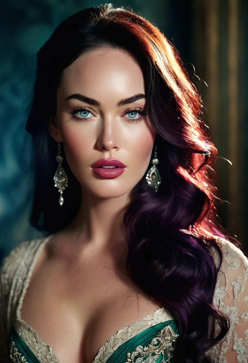 An 1800s theme cinematic photo of an enchanting and alluring woman, resembling Megan Fox, who exquisitely beautiful, in high-contrast, warm-toned digital photography, capturing the subtle dance of light on her porcelain skin. Her delicate features are rendered in lifelike precision, from the whisper-thin eyelashes to the full, rosy lips, against a backdrop of soft, gradient blues and purples, evoking a mystical, dreamlike atmosphere. Vibrant crimson accents adorn her luxurious, flowing attire, imbuing the scene with a sense of opulence and mystique, as her piercing emerald gaze beckons the viewer into her intimate, mystical realm.