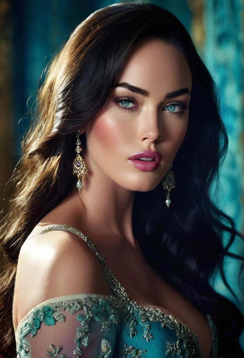 An 1800s theme cinematic photo of an enchanting and alluring woman, resembling Megan Fox, who exquisitely beautiful, in high-contrast, warm-toned digital photography, capturing the subtle dance of light on her porcelain skin. Her delicate features are rendered in lifelike precision, from the whisper-thin eyelashes to the full, rosy lips, against a backdrop of soft, gradient blues and purples, evoking a mystical, dreamlike atmosphere. Vibrant crimson accents adorn her luxurious, flowing attire, imbuing the scene with a sense of opulence and mystique, as her piercing emerald gaze beckons the viewer into her intimate, mystical realm.