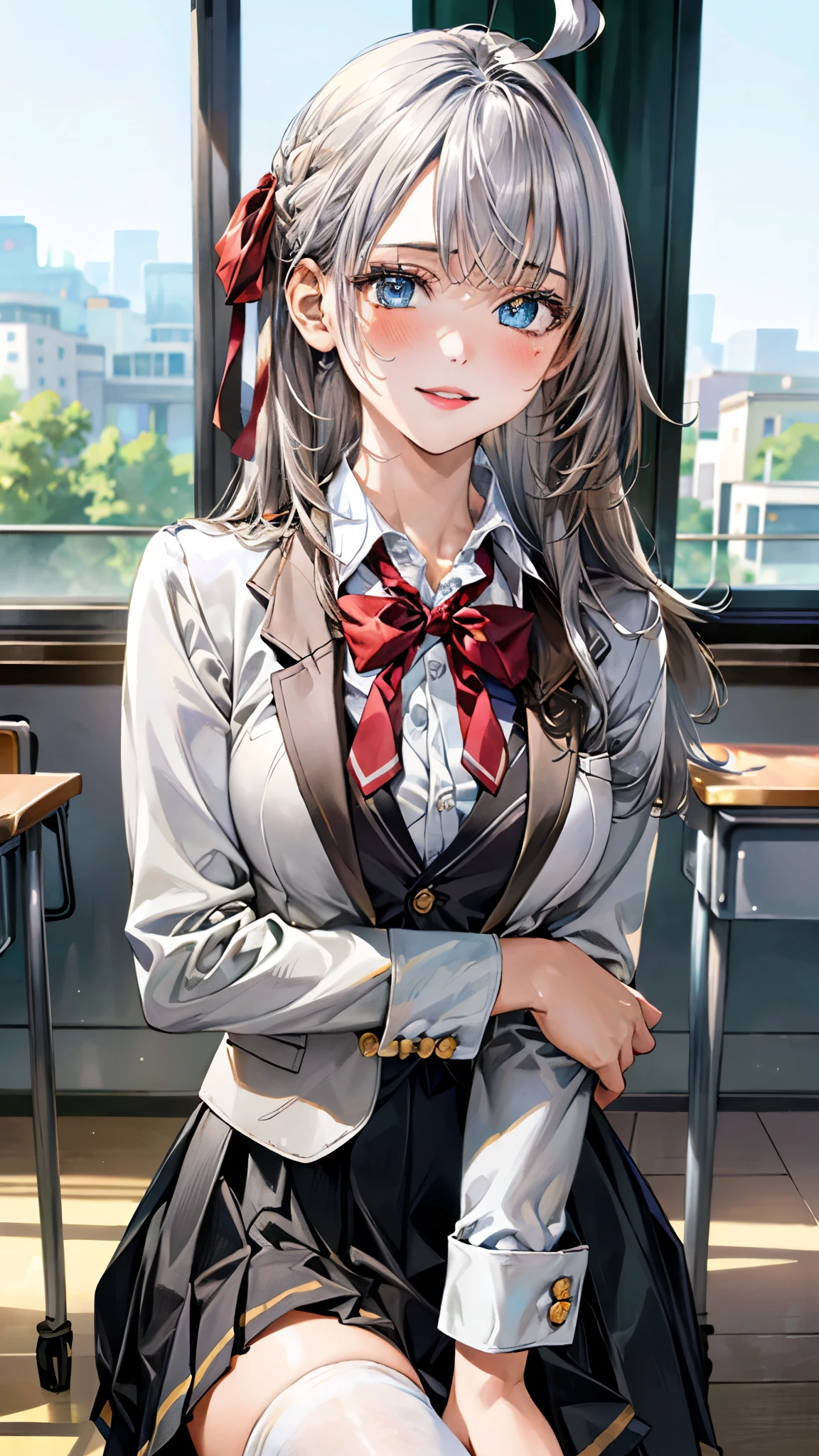 (masterpiece:1.3, top-quality, ultra high resolution, ultra detailed), (realistic, photorealistic:1.4), beautiful illustration, perfect lighting, natural lighting, depth of fields, nsfw, 
beautiful detailed hair, beautiful detailed face, beautiful detailed eyes, beautiful clavicle, beautiful body, beautiful chest, beautiful thigh, beautiful legs, beautiful hands, 
looking at viewer, (face focus), 1 girl, high school girl, alisa kujou, (perfect anatomy, anatomically correct), cute and symmetrical face, face, perfect face, perfect eyes, shiny skin, 
(long hair, straight hair, sideburns, silver hair), crossed bangs, ahoge, blue eyes, slant eyes, big eyes, long eye lasher, (medium breasts, seductive thighs), slender, outstanding style, 
(schooluniform, long sleeve light brown blazer, gray vest, gray pleated skirt with white line, white collared shirt, white thigh-highs with gold line), red bow tie, 
(beautiful scenery), evening, (school classroom:1.2), (cute charm, bright smile, parted lips), 