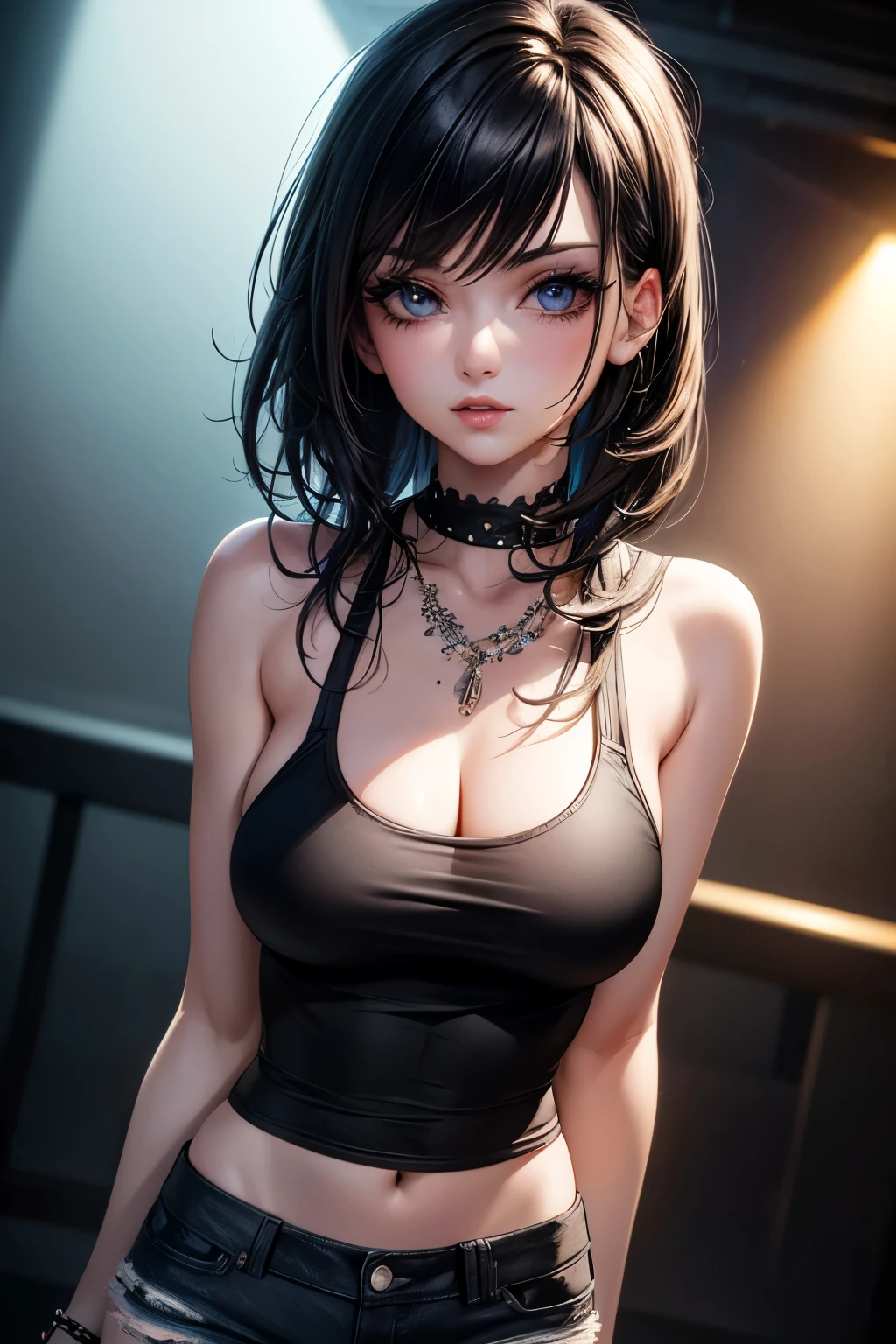 a goth girl,concert,rock band tank top,high waisted pantys,black jeans,making eye contact,laughing,detailed face,beautiful detailed eyes,beautiful detailed lips,extremely detailed eyes and face,long eyelashes,realistic,photorealistic,photo-realistic:1.37,best quality,8k,highres,masterpiece:1.2,ultra-detailed,HDR,UHD,studio lighting,ultra-fine painting,sharp focus,physically-based rendering,extreme detail description,professional,vivid colors,bokeh,portrait
