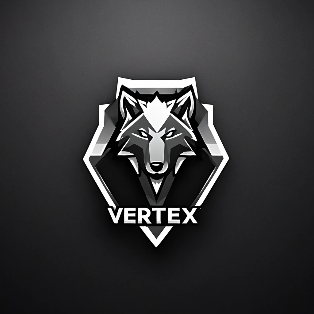 logomkrdsxl,an edgy logo 3D loup with vertex , vector, text "vertex", best quality, masterpiece, brand, dark background,