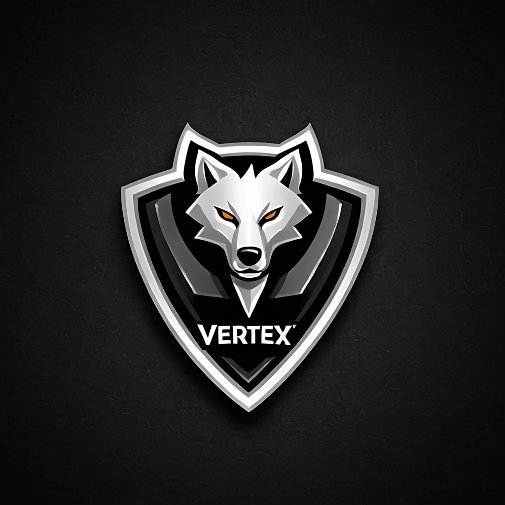 logomkrdsxl,an edgy logo 3D loup with vertex , vector, text "vertex", best quality, masterpiece, brand, dark background,