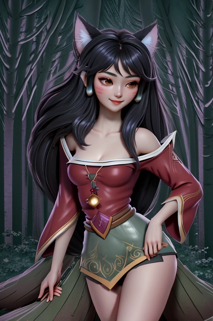 close up 1girl in, Ahri, league of legends, teenager, Solo, long hair, super long black hair, pale skin, full medium breasts, cleavage, runners body, (thin hips, thin waist: 1.25), (arched back:1.12), detailed skin, neutral face, shy smile, revealing clothes, (wearing fox ears, multiple tails, off the shoulder nsfw kimono: 1.1), (detailed forest village background:1.4), 4k textures, soft light, elegant, highly detailed, sharp focus, soothing tones, insane details, intricate details, hyperdetailed, low contrast, exposure blend, hdr, faded