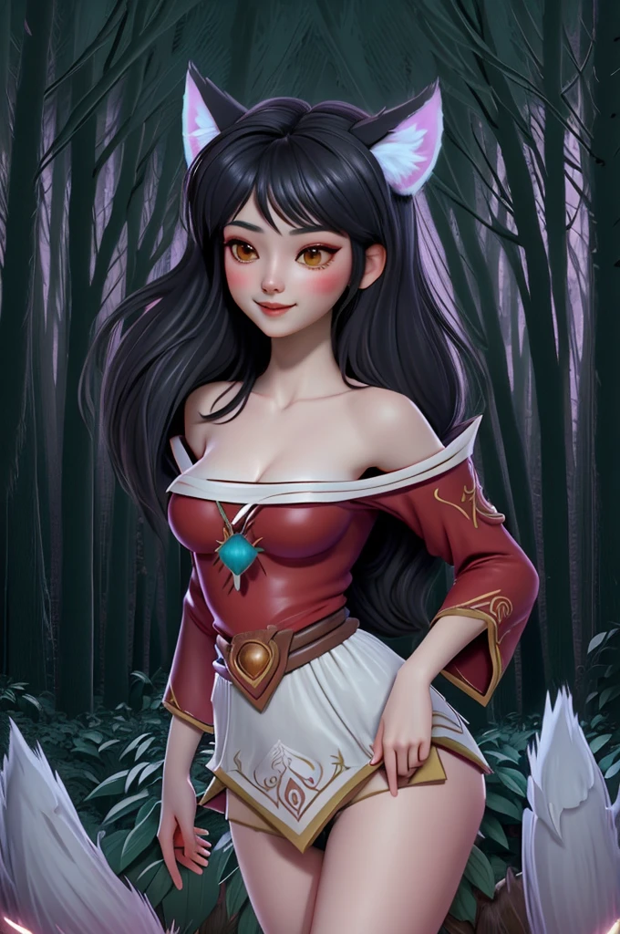 close up 1girl in, Ahri, league of legends, teenager, Solo, long hair, super long black hair, pale skin, full medium breasts, cleavage, runners body, (thin hips, thin waist: 1.25), (arched back:1.12), detailed skin, neutral face, shy smile, revealing clothes, (wearing fox ears, multiple tails, off the shoulder nsfw kimono: 1.1), (detailed forest village background:1.4), 4k textures, soft light, elegant, highly detailed, sharp focus, soothing tones, insane details, intricate details, hyperdetailed, low contrast, exposure blend, hdr, faded