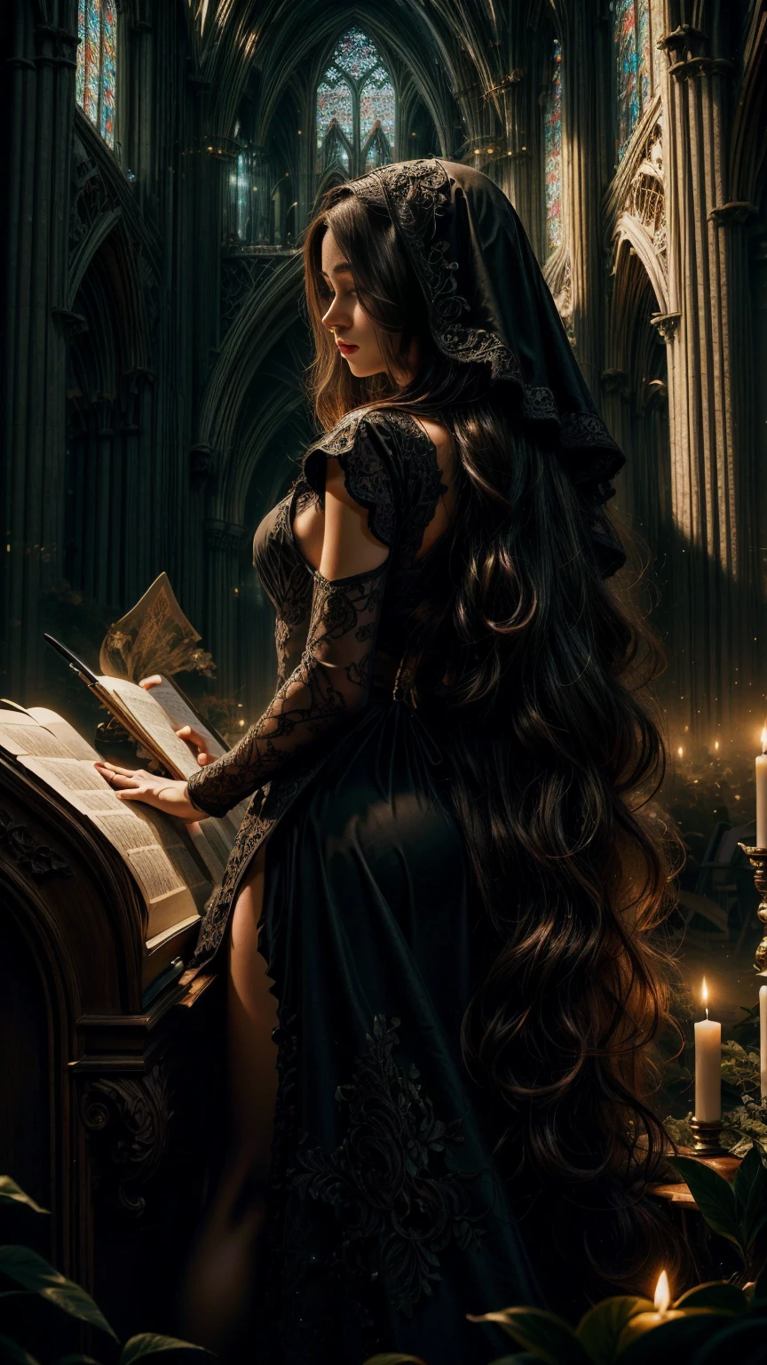 A sexy nun with seductive eyes and pouty lips, wearing a revealing black lace gown and high heels, gracefully poses in a dimly lit cathedral. Her long, wavy hair cascades down her back, framing her alluring face. The detailed folds of her gown create a sense of mystery and intrigue, while the soft candlelight casts a warm glow on her flawless skin. The artwork is a masterpiece of photorealistic beauty, captured with high-resolution precision and ultra-detailed rendering. The vibrant colors add depth and richness to the scene, with a touch of bokeh in the background, creating an ethereal atmosphere. The overall composition exudes sensuality and sophistication, making it a captivating portrait in the genre of erotic art.