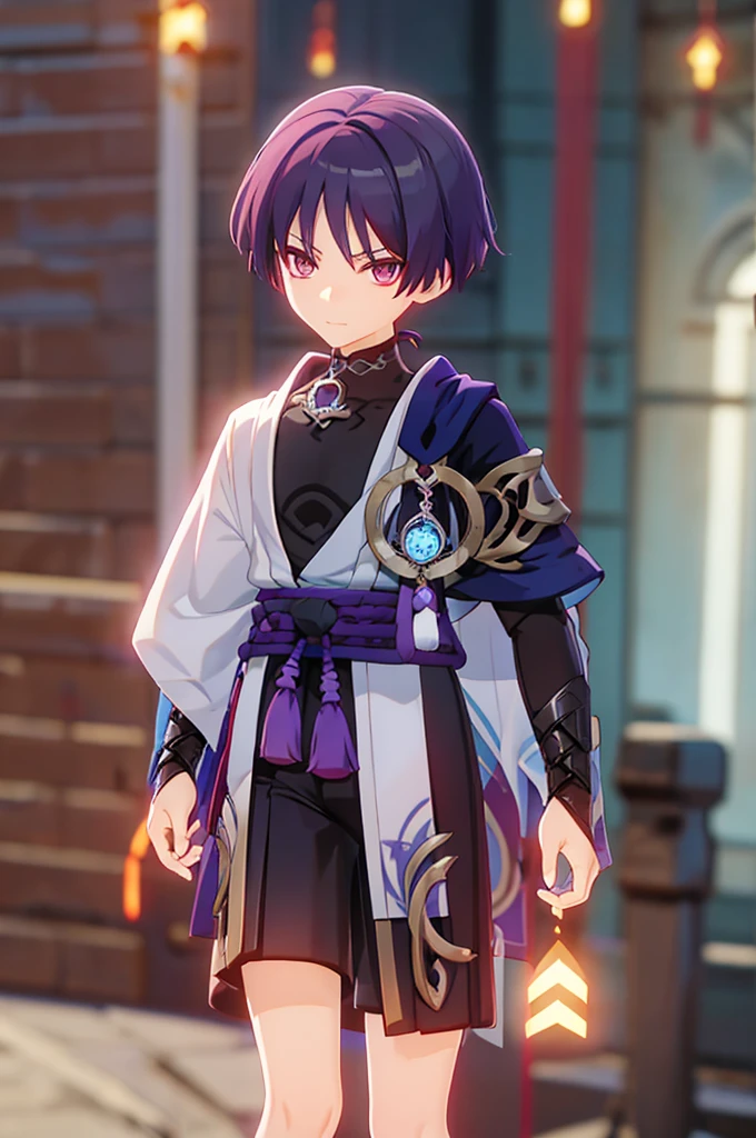Purple Hair、Red eyes、White background、Anime characters、Knot、Braid、A man wearing a black robe、A young man with a determined look、Man standing facing forward、juvenile
