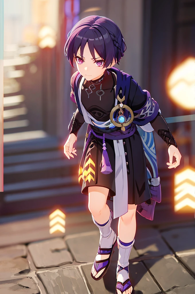 Purple Hair、Red eyes、White background、Anime characters、Knot、Braid、A man wearing a black robe、A young man with a determined look、Man standing facing forward、juvenile