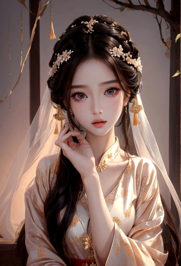 Best image quality、8K、masterpiece:1.3))、Realistic high-quality photos、Highest quality、 Beautiful face、Photos of slim models、Beautiful girl model、Young and pretty face、Beautiful model girl、A lovely and delicate face、Black Hair、Beautiful brown eyes、Young Body、Hanfu, (emphasize)、from the front、Camera gaze、Model pose