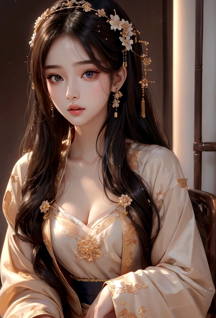 Best image quality、8K、masterpiece:1.3))、Realistic high-quality photos、Highest quality、 Beautiful face、Photos of slim models、Beautiful girl model、Young and pretty face、Beautiful model girl、A lovely and delicate face、Black Hair、Beautiful brown eyes、Young Body、Hanfu, (emphasize)、from the front、Camera gaze、Model pose