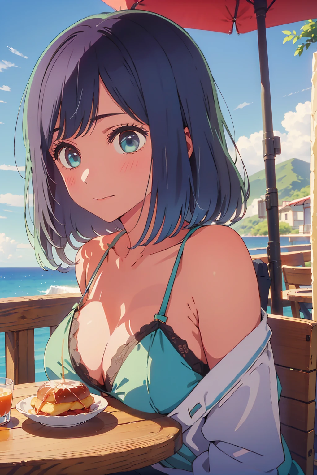 (Highest quality:1.4、masterpiece:1.4、Super detailed:1.4、8K:1.4)、((((1 person、Surprised expression、sit、Outdoor café terrace、coastal、juice、table、Sandy Beach、juiceのグラスを持つ、Big eyes、Shallow depth of field、Very cute face))))、((((bikini))))、(((sunset、Sunset)))、F cup bust、Big Breasts