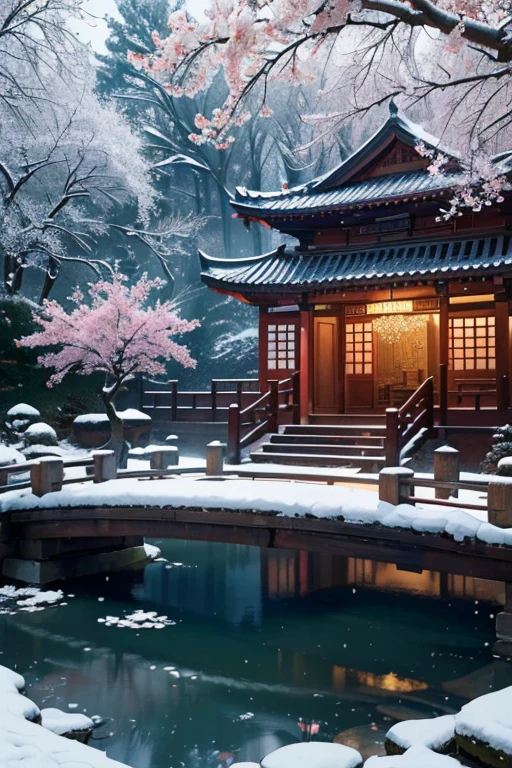 A beautiful detailed peach blossom garden in ancient China, lush peach trees in full bloom, intricate stone bridges, serene ponds with lotus flowers, exquisite traditional Chinese architecture, ancient scholars strolling through the garden, It's snowing , Snow covered the ground  (best quality,4k,8k,highres,masterpiece:1.2),ultra-detailed,(realistic,photorealistic,photo-realistic:1.37),HDR,UHD,studio lighting,ultra-fine painting,sharp focus,physically-based rendering,extreme detail description,professional,vivid colors,bokeh,landscape,intricate details,cinematic ,cool color palette