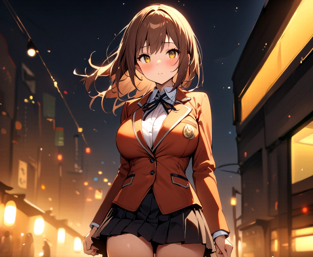1 Girl、Brown Hair、semi-long、、blazer、Pleated skirt、solo、Yellow Eyes、Highest quality、Masterpiece、Clear focus、Large Breasts、Perfect body、cute、Fine eyes、On the way home、