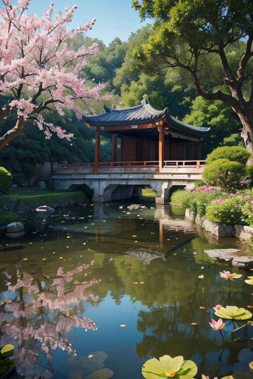 A beautiful detailed peach blossom garden in ancient China, lush peach trees in full bloom, intricate stone bridges, serene ponds with lotus flowers, exquisite traditional Chinese architecture, ancient scholars strolling through the garden, (best quality,4k,8k,highres,masterpiece:1.2),ultra-detailed,(realistic,photorealistic,photo-realistic:1.37),HDR,UHD,studio lighting,ultra-fine painting,sharp focus,physically-based rendering,extreme detail description,professional,vivid colors,bokeh,landscape,intricate details,cinematic lighting,warm color palette