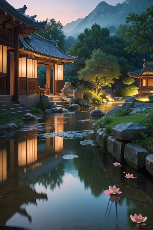 A beautiful detailed peach blossom garden in ancient China, lush peach trees in full bloom, intricate stone bridges, serene ponds with lotus flowers, exquisite traditional Chinese architecture, ancient scholars strolling through the garden, (best quality,4k,8k,highres,masterpiece:1.2),ultra-detailed,(realistic,photorealistic,photo-realistic:1.37),HDR,UHD,studio lighting,ultra-fine painting,sharp focus,physically-based rendering,extreme detail description,professional,vivid colors,bokeh,landscape,intricate details,cinematic lighting,warm color palette