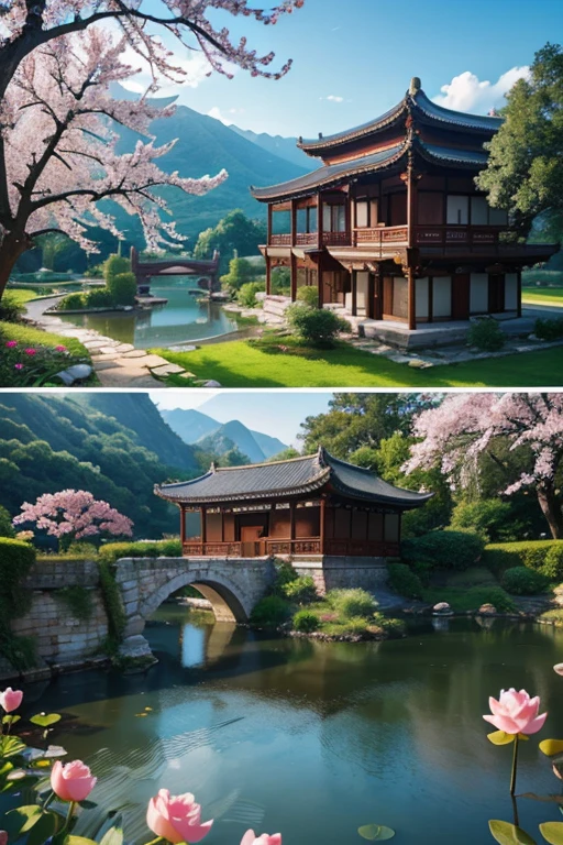 A beautiful detailed peach blossom garden in ancient China, lush peach trees in full bloom, intricate stone bridges, serene ponds with lotus flowers, exquisite traditional Chinese architecture, ancient scholars strolling through the garden, (best quality,4k,8k,highres,masterpiece:1.2),ultra-detailed,(realistic,photorealistic,photo-realistic:1.37),HDR,UHD,studio lighting,ultra-fine painting,sharp focus,physically-based rendering,extreme detail description,professional,vivid colors,bokeh,landscape,intricate details,cinematic lighting,warm color palette