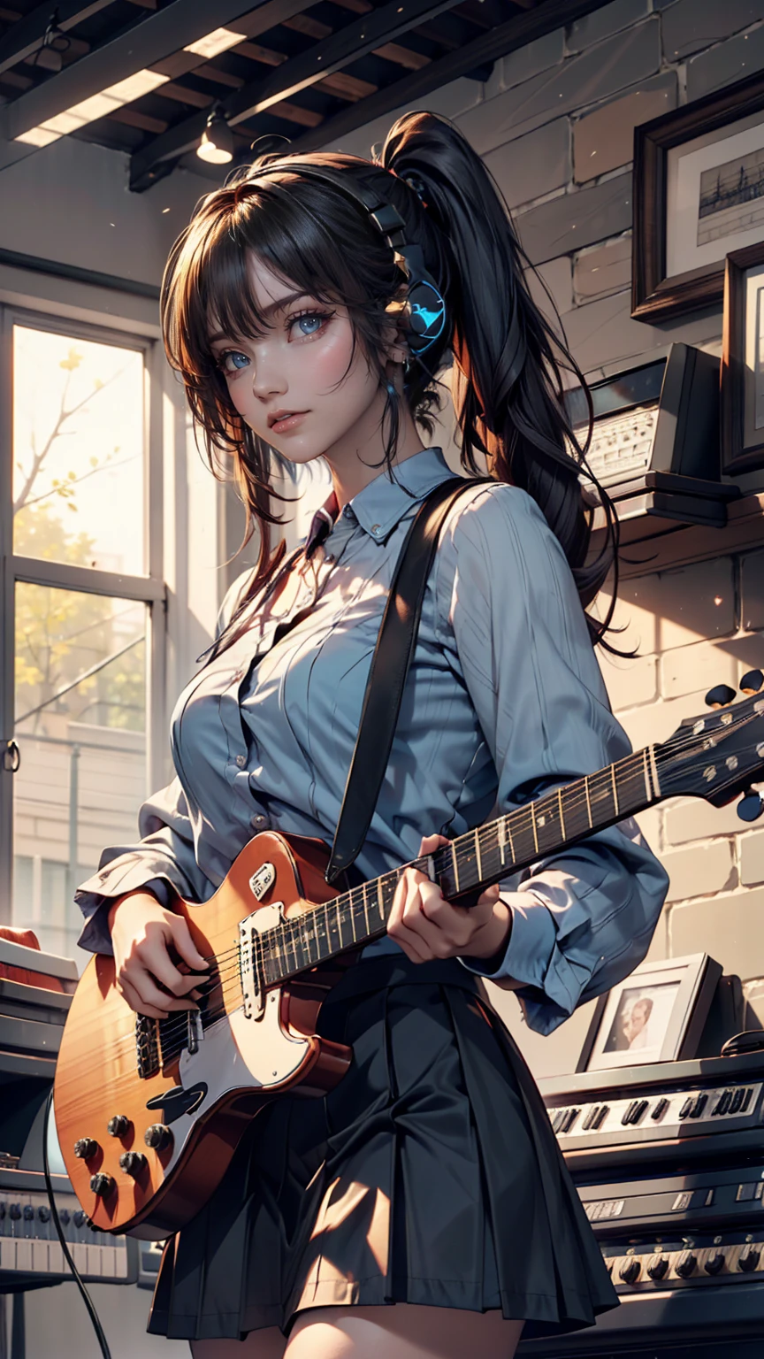 ((masterpiece, Highest quality))One girl, alone, Black Dress, blue eyes, electric guitar, guitar, Headphones, Double Ponytail, Holding, Holding plectrum, musical instrument, Long Hair, music, One side up, Turquoise Hair, Twin tails, guitarを弾く, Pleated skirt, Black Shirt, interior