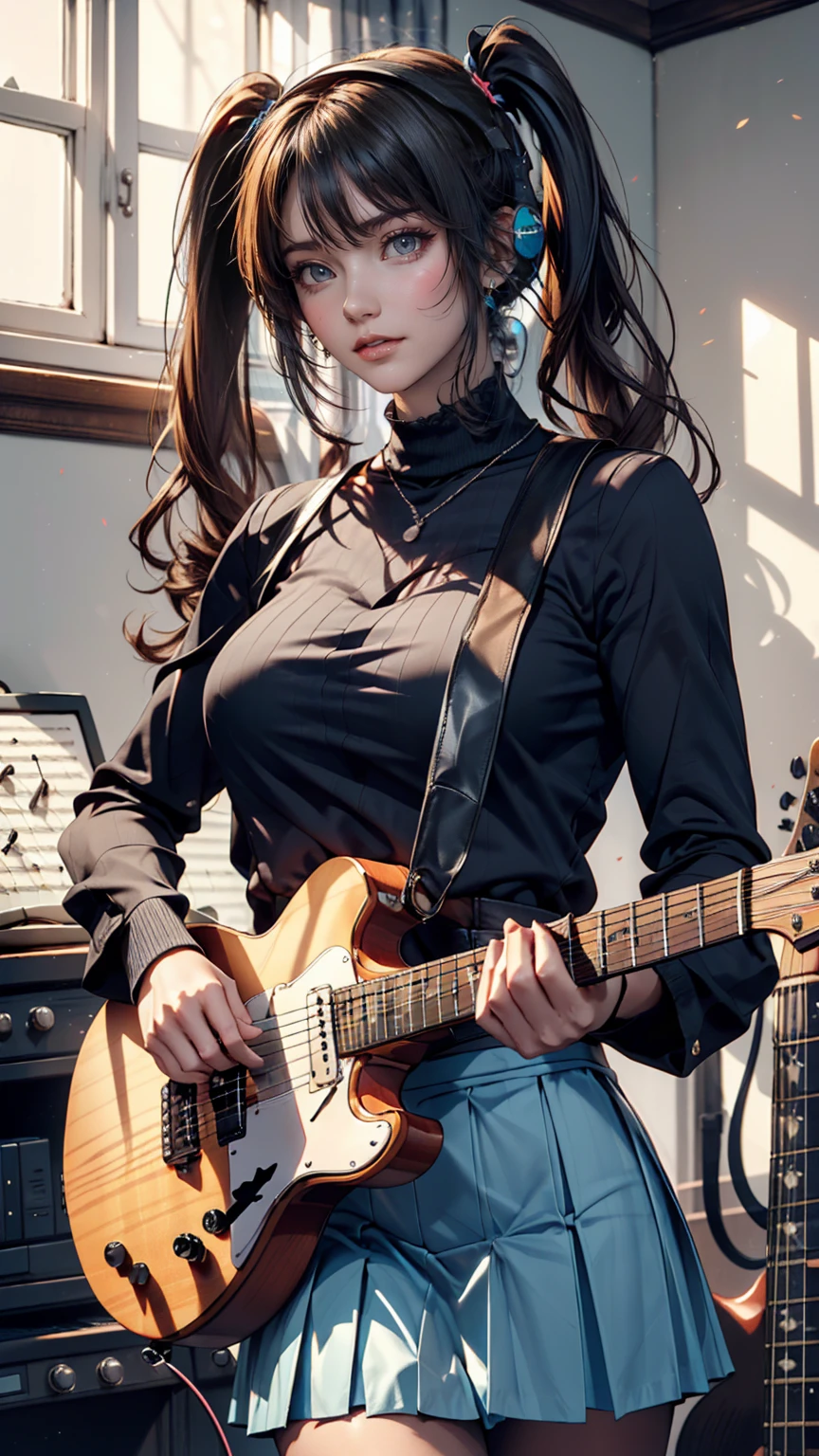 ((masterpiece, Highest quality))One girl, alone, Black Dress, blue eyes, electric guitar, guitar, Headphones, Double Ponytail, Holding, Holding plectrum, musical instrument, Long Hair, music, One side up, Turquoise Hair, Twin tails, guitarを弾く, Pleated skirt, Black Shirt, interior