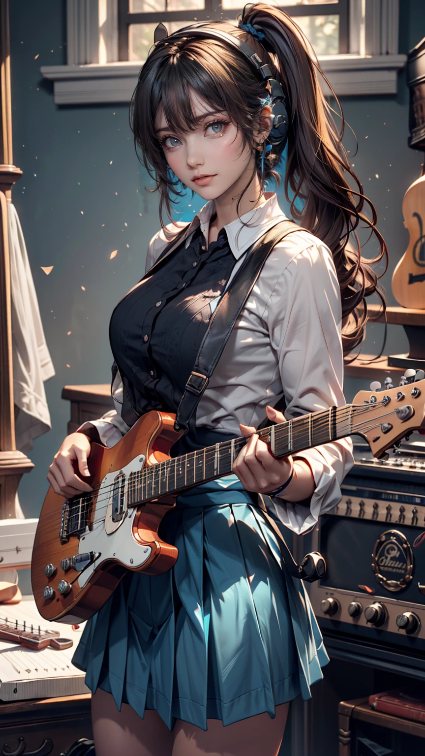 ((masterpiece, Highest quality))One girl, alone, Black Dress, blue eyes, electric guitar, guitar, Headphones, Double Ponytail, Holding, Holding plectrum, musical instrument, Long Hair, music, One side up, Turquoise Hair, Twin tails, guitarを弾く, Pleated skirt, Black Shirt, interior