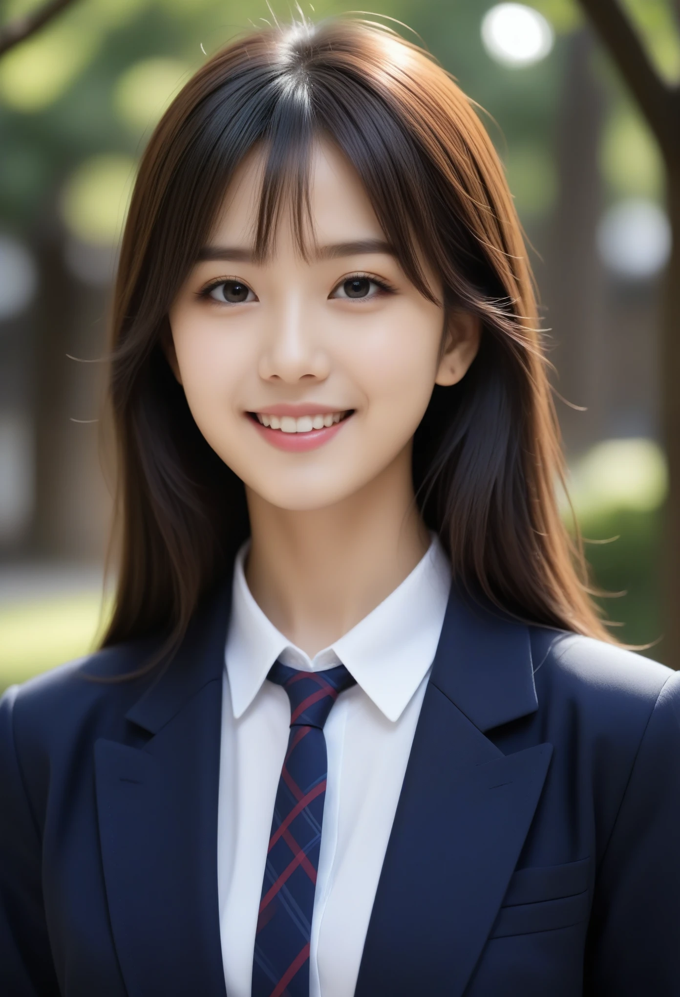 8K, Ultra-high resolution, Highest quality, masterpiece, 三分割法によるphotograph,Surreal, photograph, 1 Girl, (16 years old:1.3), pretty girl, Cute face, Beautiful eyes in every detail, 細かくdetailedに,masterpiece,, One Girl:1.2, Japan Female Announcer、Cowboy Shot,((very small head:1.3)),Center-parted bangs,amount,Black Hair,Long Hair,Iris,Gorgeous eyes,smile,((Toned body,Slender body,skinny)),(school uniform、Dark blue blazer jacket、Navy blue tie、Grey plaid pleated mini skirt),Glowing Skin,Shiny skin,Urban area,street tree,Full of sex appeal,Sensual,屈託のないsmile,Heal the heart,Looking at the audience、beauty,Long neck、Laugh a little、Please close your mouth and laugh、(((Ideal body type))),A cup small breasts :2,、Portraiture:2、Perfect Anatomy、鮮明なdetailed、detailed、Surreal、Light and shadow,Strong light