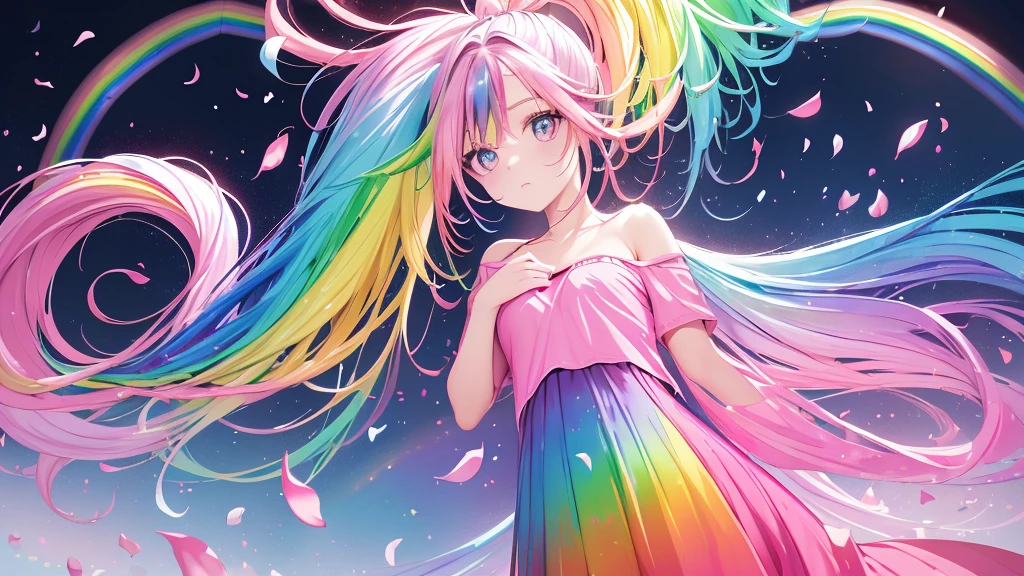 (Pink Fashion T-Shirt: 1.9), (colorfulな髪: 1.8), (All the colors of the rainbow: 1.8), (((Vertical painting: 1.6))), (painting: 1.6), front, manga, figure, painting, Big eyes, Crystal Clear, (Rainbow gradient high ponytail: 1.7), Delicate makeup, shut up, (Small freshness: 1.5), (Bandeau: 1.6), Long eyelashes, White off-shoulder T-shirt, White shoulder shirt, Looking at the audience, Big teary eyes, (Rainbow Hair: 1.6), カラーsplash, (alone:1.8), カラーsplash, An explosion of colors, カラーsplash, An explosion of colors, 厚漆Wind, Messy Lines, ((The Shining)), (colorful), (colorful), (colorful), colorful, Thick paint Style, (splash) (Color splash), Vertical painting, Upper Body, paint splash, Acrylic Pigments, Slope, paint, Best image quality, masterpiece, alone, Depth of written boundary, Face paint, colorful clothes, (grace: 1.2), nice, Long Hair, Wind, (grace: 1.3), (petal: 1.4), ((masterpiece))), ((Highest quality))), (Super detailed), (figure), (Dynamic Angle), (floating), (paint), ((Hair loss)), (alone), (One girl), ( ( ( Detailed anima face))), (( Beautifully detailed face)), collar, Exposed shoulders, Gray Hair, ((Colored Hair)), ((Striped Hair)), Beautiful attention to detail, (Gradient Eye), (Colored eyes))), (Colored Background))), (High saturation))), ((surrounded by colorful splashes))),