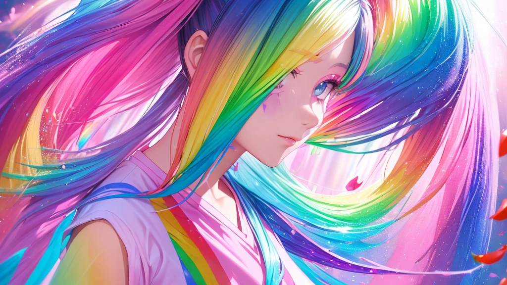 (Pink Fashion T-Shirt: 1.9), (colorfulな髪: 1.8), (All the colors of the rainbow: 1.8), (((Vertical painting: 1.6))), (painting: 1.6), front, manga, figure, painting, Big eyes, Crystal Clear, (Rainbow gradient high ponytail: 1.7), Delicate makeup, shut up, (Small freshness: 1.5), (Bandeau: 1.6), Long eyelashes, White off-shoulder T-shirt, White shoulder shirt, Looking at the audience, Big teary eyes, (Rainbow Hair: 1.6), カラーsplash, (alone:1.8), カラーsplash, An explosion of colors, カラーsplash, An explosion of colors, 厚漆Wind, Messy Lines, ((The Shining)), (colorful), (colorful), (colorful), colorful, Thick paint Style, (splash) (Color splash), Vertical painting, Upper Body, paint splash, Acrylic Pigments, Slope, paint, Best image quality, masterpiece, alone, Depth of written boundary, Face paint, colorful clothes, (grace: 1.2), nice, Long Hair, Wind, (grace: 1.3), (petal: 1.4), ((masterpiece))), ((Highest quality))), (Super detailed), (figure), (Dynamic Angle), (floating), (paint), ((Hair loss)), (alone), (One girl), ( ( ( Detailed anima face))), (( Beautifully detailed face)), collar, Exposed shoulders, Gray Hair, ((Colored Hair)), ((Striped Hair)), Beautiful attention to detail, (Gradient Eye), (Colored eyes))), (Colored Background))), (High saturation))), ((surrounded by colorful splashes))),