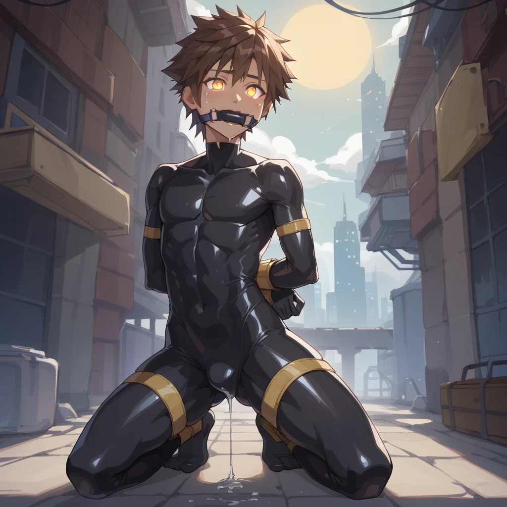 Kingdom hearts、((sky))、Arms behind back、Yellow glowing eyes、sweating、Black drip、（A young boy is restrained and has a large erection、Kneeling with the crotch open、Mouth gag、first round）、naked、Brown Hair、cute、Spiky hair、Are crying、Looks disgusting、（（A tight-fitting rubber suit、））Night cityscape、Back Alley、sexy、from the front