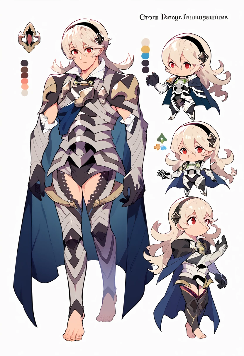 2D model reference sheet of anime boy, tall, corrin, male, white background, tall chibi, big hands and feet, defCor, armor, blue cape, vambraces, black gloves, armored legwear, barefoot, turnaround