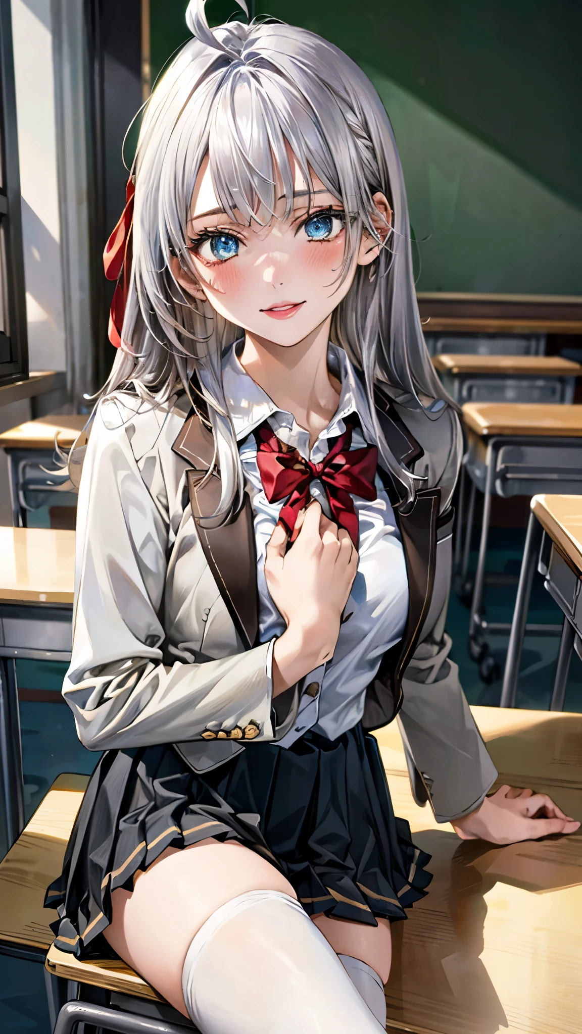 (masterpiece:1.3, top-quality, ultra high resolution, ultra detailed), (realistic, photorealistic:1.4), beautiful illustration, perfect lighting, natural lighting, depth of fields, nsfw,
beautiful detailed hair, beautiful detailed face, beautiful detailed eyes, beautiful clavicle, beautiful body, beautiful chest, beautiful thigh, beautiful legs, beautiful hands,
looking at viewer, (face focus), 1 girl, high school girl, alisa kujou, (perfect anatomy, anatomically correct), cute and symmetrical face, babyface, perfect face, perfect eyes, shiny skin,
(long hair, straight hair, sideburns, silver hair), crossed bangs, ahoge, blue eyes, slant eyes, long eye lasher, (medium breasts, seductive thighs), slender, outstanding style,
(schooluniform, long sleeve light brown blazer, gray vest, gray pleated skirt with white line, white collared shirt, white thigh-highs with gold line), red bow tie,
(beautiful scenery), evening, (school classroom:1.2), (cute charm, bright smile, parted lips),
