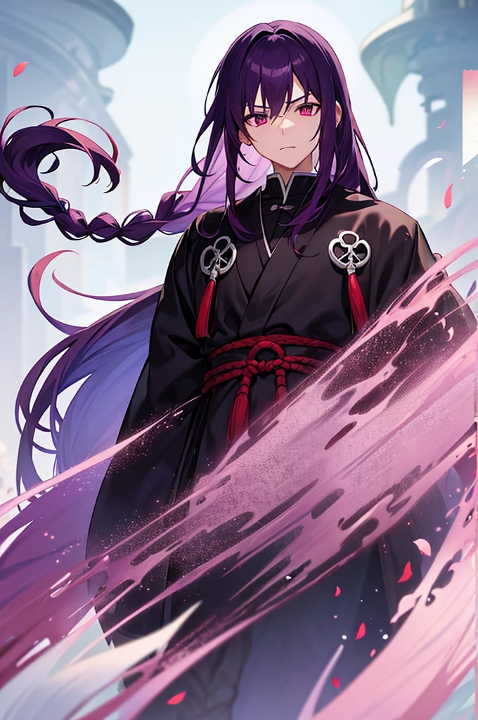 Purple Hair、Red eyes、White background、Anime characters、Knot、Braid、A man wearing a black robe、A young man with a determined look、Man standing facing forward、juvenile
