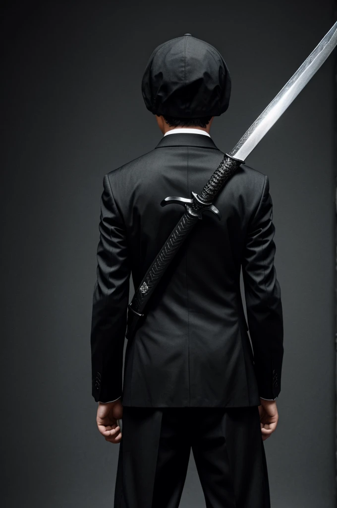 A boy with a black suit that covers his face and a sword on his back