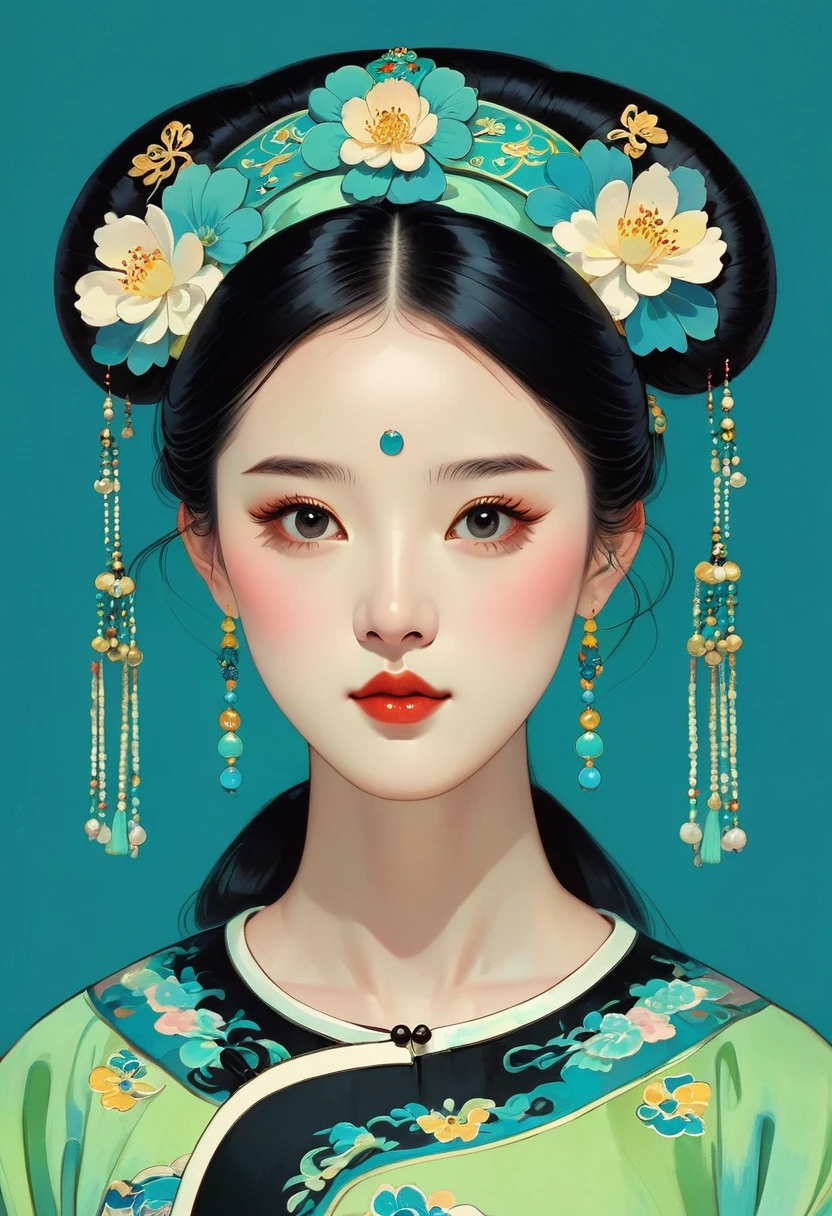 a gongbi painting of a chinese cartoon-like girl with black hair, Qing Dynasty style, exquisite headdress, cute face, close-up, in the style of cartoonish lithographs, extremely minimalism portrait, animated gif, rich details, crisp lines, fairy kei, dark blue and yellow and light cyan, matte light green background