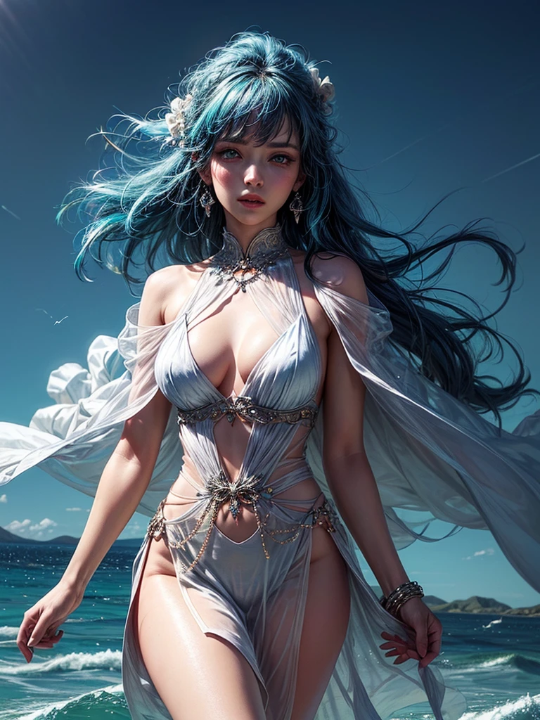 (a venus wearing a see-through silk toga:1.2),(Aurora Background, in the ocean, waves, water diamond jewelry, floating colorful sparkles, wind blowing through, flowing hair, blue tone:1.1), shiny skin ,ultra-detailed face, detailed turquoise eyes, blue hair, lustrous lips , (upper body: 1.3),skinny physique, beautiful figure, elegant, vivid colors ,(official art, unity 8k wallpaper, ultra detailed, beautiful and aesthetic, masterpiece ,best quality, photorealistic:1.3),
