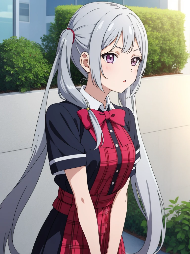 1girl, anime girl, silver hair, long twintails, silver eyes, school idol club
