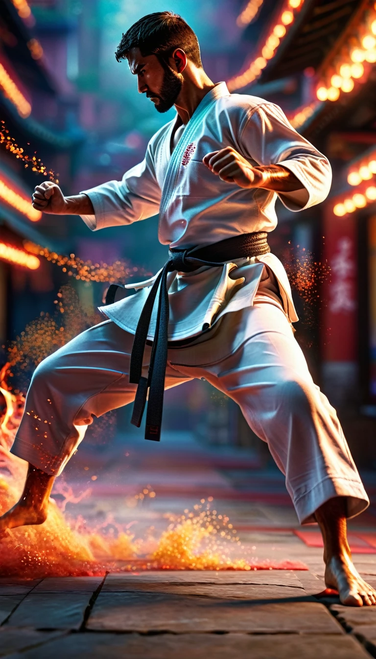 A karate fighter in action, detailed muscular body, intense martial arts pose, powerful kick, dramatic lighting, cinematic composition, vibrant colors, dynamic motion blur, hyper-realistic, 8K, 3D render, photorealistic, dramatic cinematic lighting, dramatic cinematic composition, highly detailed martial arts scene, ultra-detailed, best quality, masterpiece, professional photographer, physically-based rendering, extreme detail description, vivid colors, bokeh