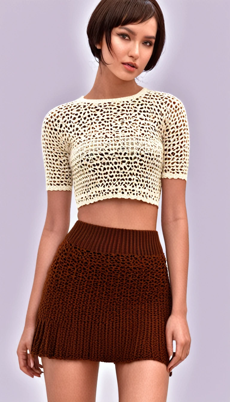 a close up of a woman wearing a knitted top and brown skirt, a digital rendering by Niko Henrichon, trending on cg society, net art, wearing a sexy cropped top, intriguing outfit, crop top, wearing crop top, wearing a crop top, wearing a cute top, croptop, crochet skin, wearing a cropped top, croptop and shorts
