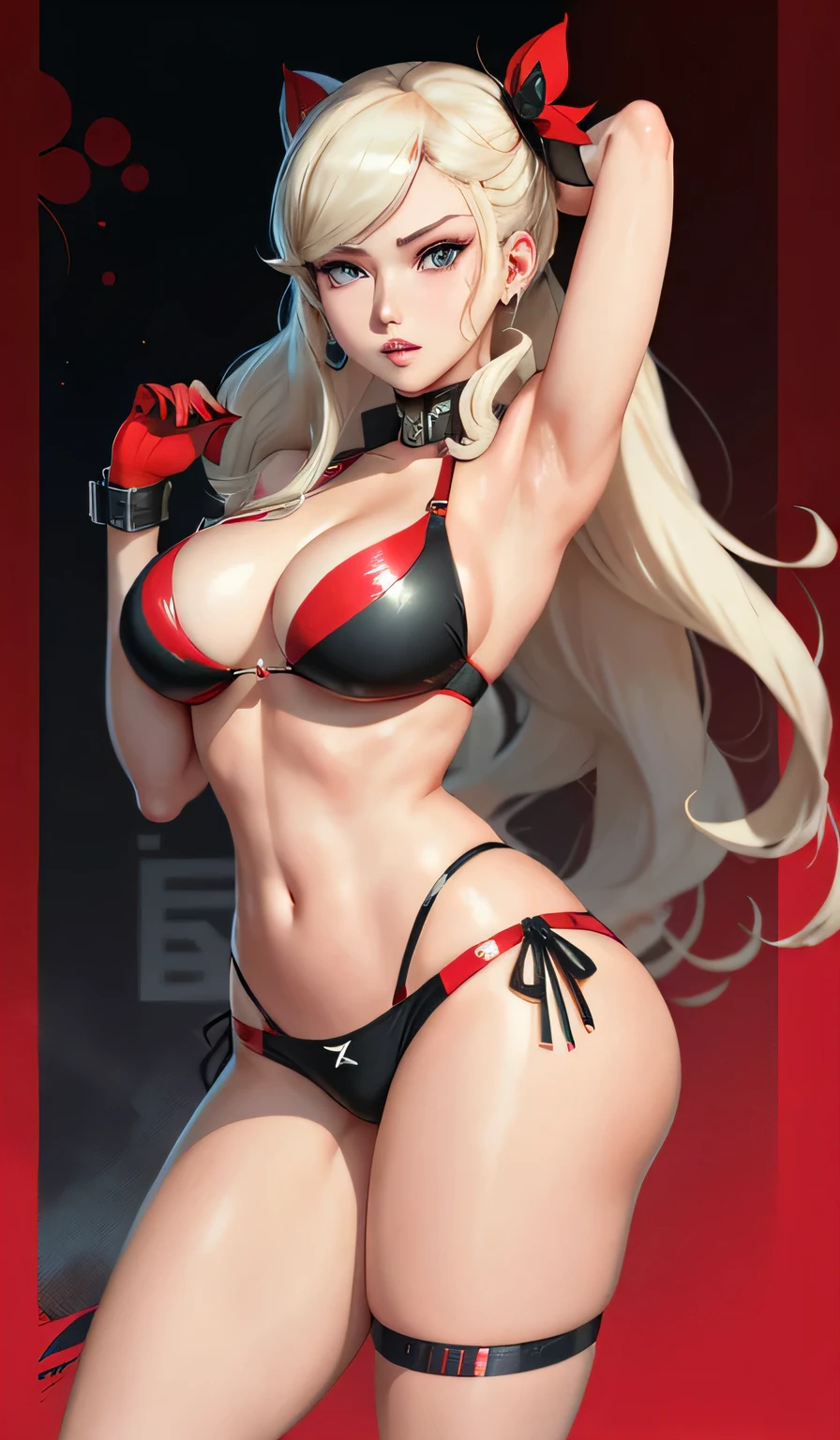 21 year old, sexy ann takamaki, persona 5 video game, in sexy red bikini, j cup breast size, black eyeliner, black eyeshadow, gorgeous face, gorgeous face detail, platinum blonde hair color, carribian blue eyes, shujin academy from persona 5 high school